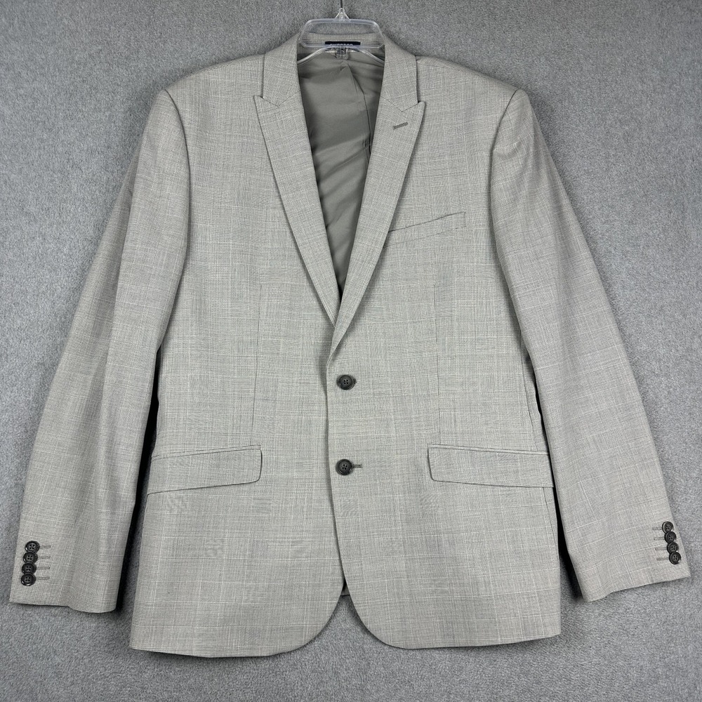Express Suit Jacket Mens 44R Gray Plaid Stretch Extra Slim 2 Button Notch NWOT
